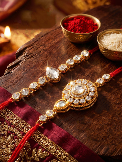 LUCKY JEWELLERY Traditional Rakhi for Brother/Bhaiya – Gold Plated Red Thread Rakshabandhan Rakhie White Stones for Bhai/Bhabhi (Pack of 2) – Fancy Rakhee Bracelet Rakshasutra (159-L1R1-21-W-2-2026)