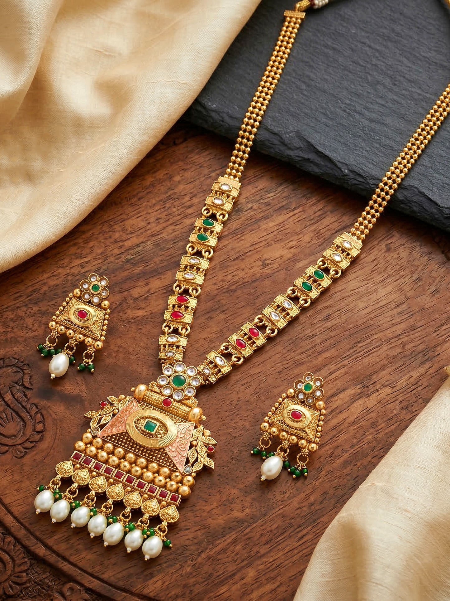 Lucky Jewellery Gold-Plated Ruby & Green Color Long Necklace Set (816-G2SR-207-RG)