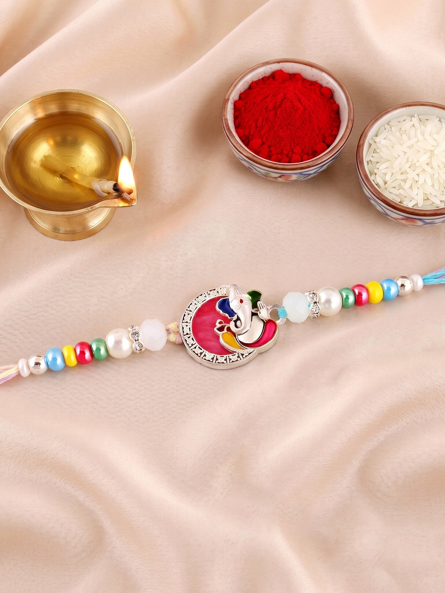 Lord Ganesha Circular Ganpati Silver-Finish Enamel Beaded Rakhi Set For Brother, Roli & Card (132-S5R1-AR2773)