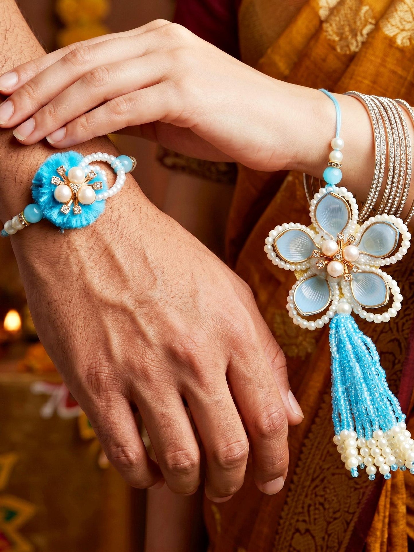 Set of 2 Traditional Blue Rakhi and Lumba Set with White Beads | Rakhi for Brother and Bhabhi (168-S7R1-PJ6201-F)
