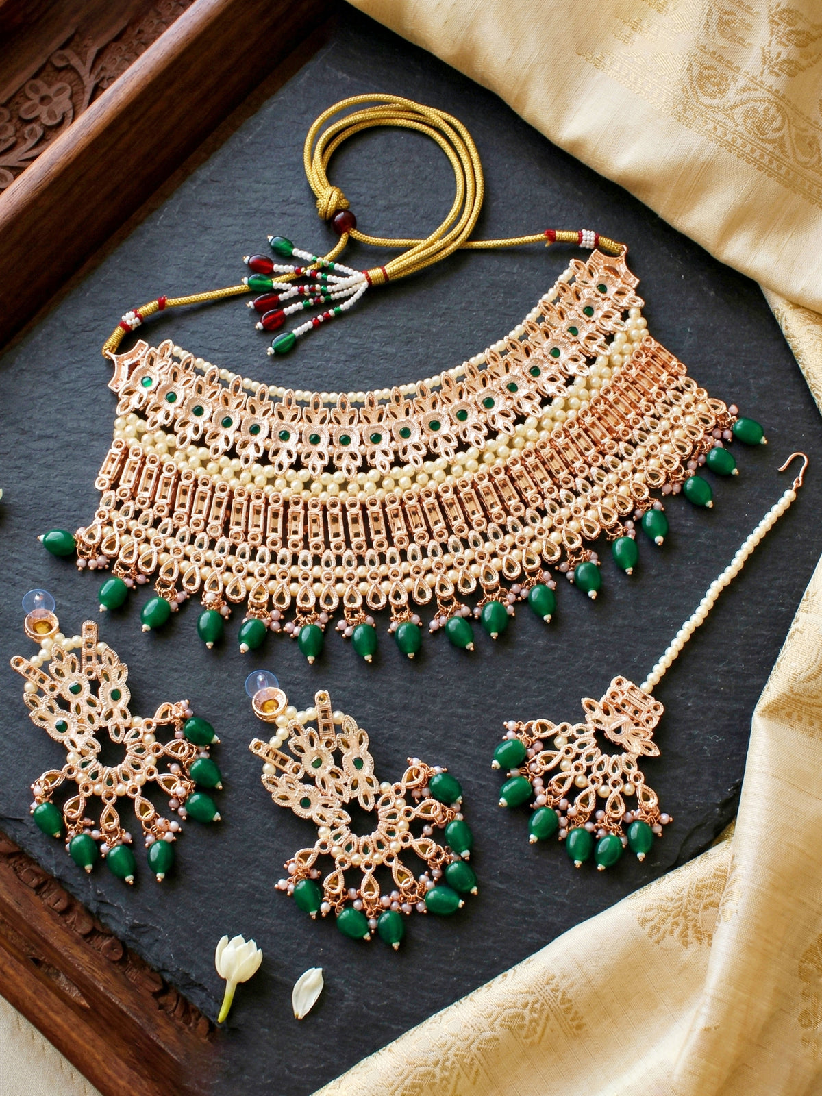 Rose Gold Plated AD Green Stone & Pearl Bridal Choker Jewellery Set with Maang Tikka (974-B5SP-007-G)
