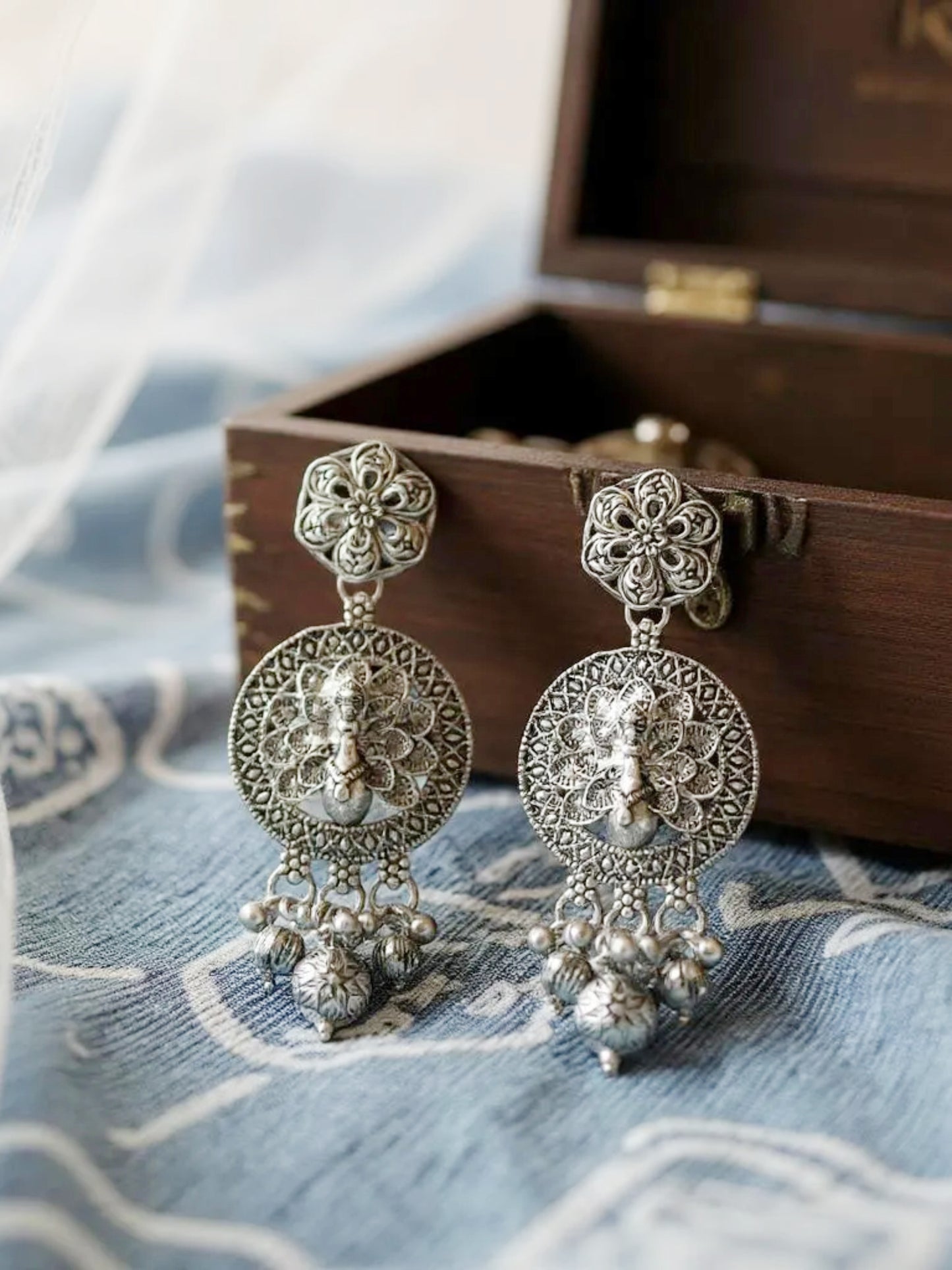 Oxidised Silver Peacock Design Long Necklace Set for Women & Girls