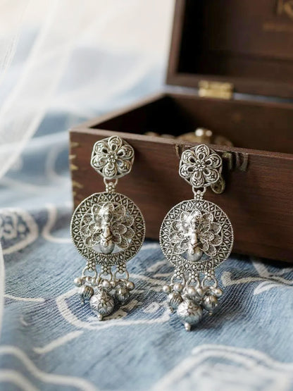 Oxidised Silver Peacock Design Long Necklace Set for Women & Girls