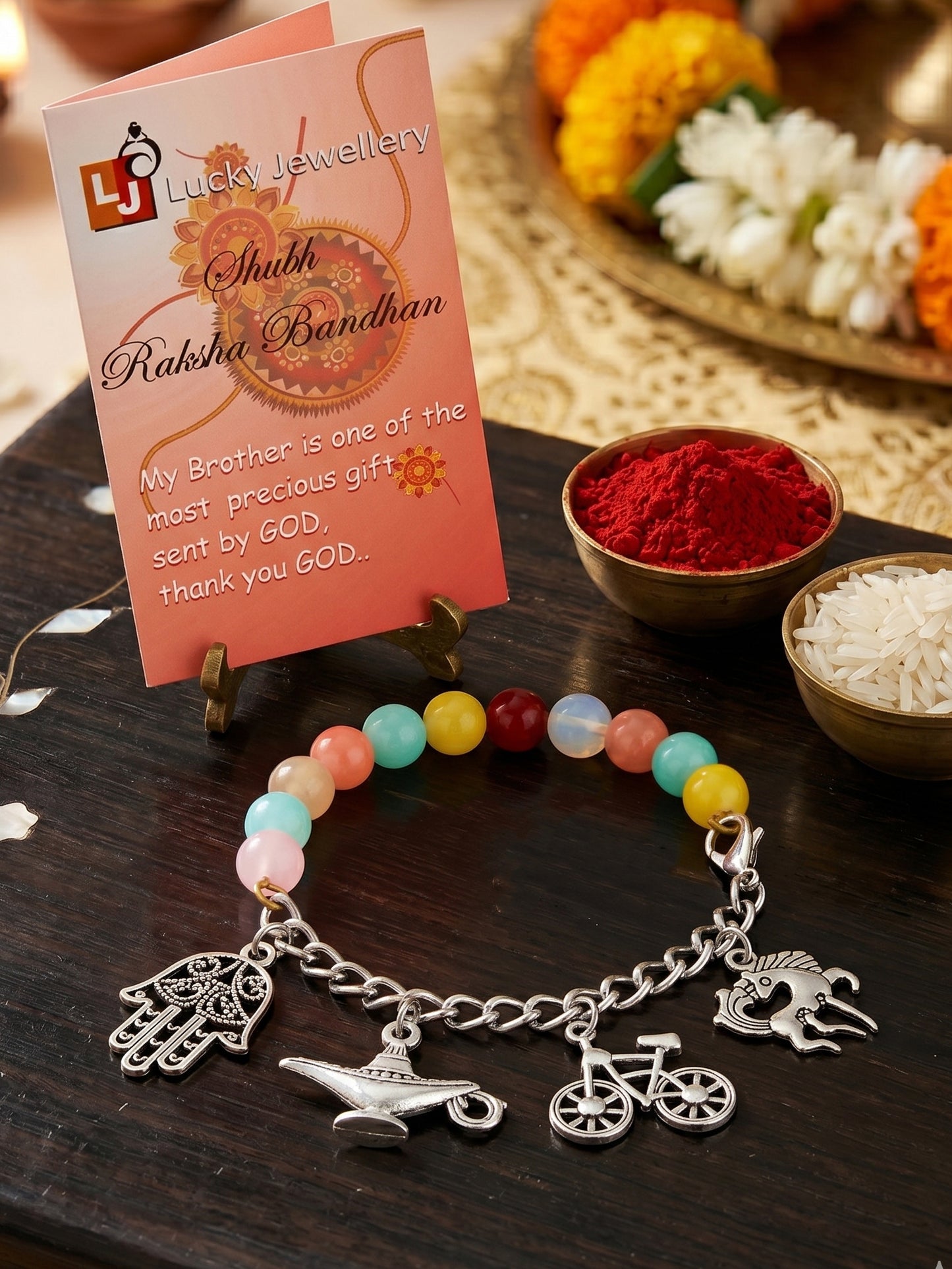 Bracelet Rakhi with Small Silver Charms, Multi & Pastel Beads, Roli Chawal & Card (158-N4B2O-1991-MT-2026)
