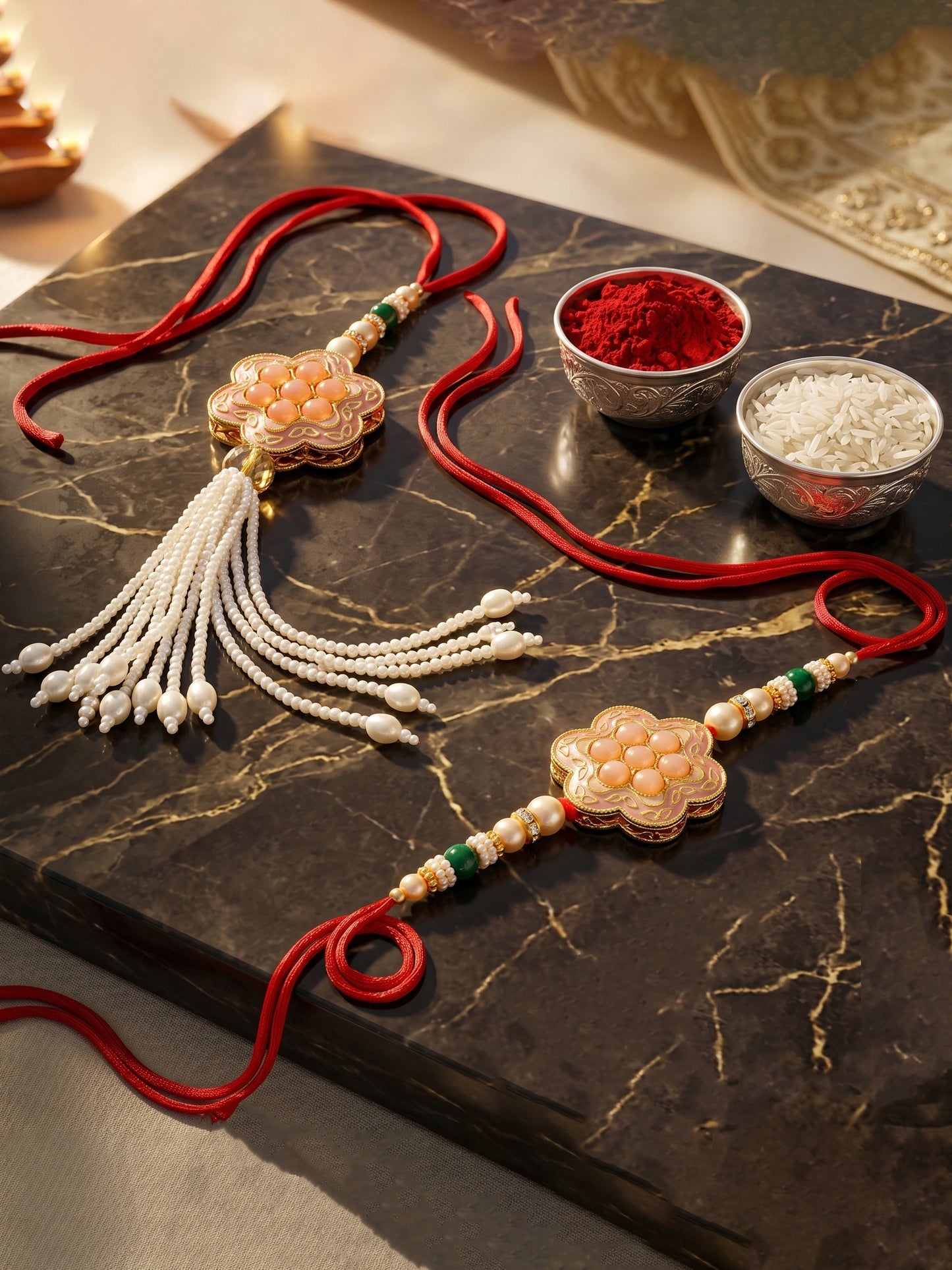 Set of 2 Bhaiya Bhabhi Rakhi Set with Floral Peach Pendant, Green & Gold Beads, Tassel Lumba (130-JPCR1-1857-PH-2-2026)