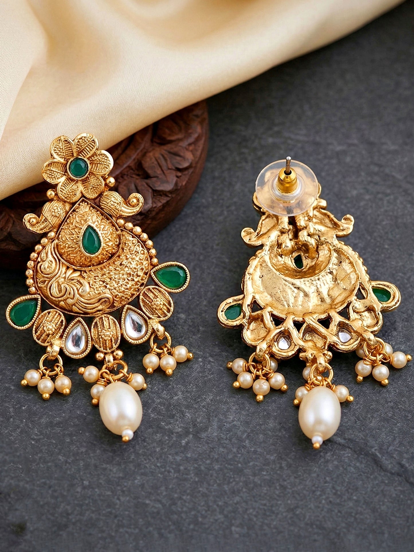 Lucky Jewellery Gold-Plated Green Color Long Necklace Set (660-G2SR-203-G)