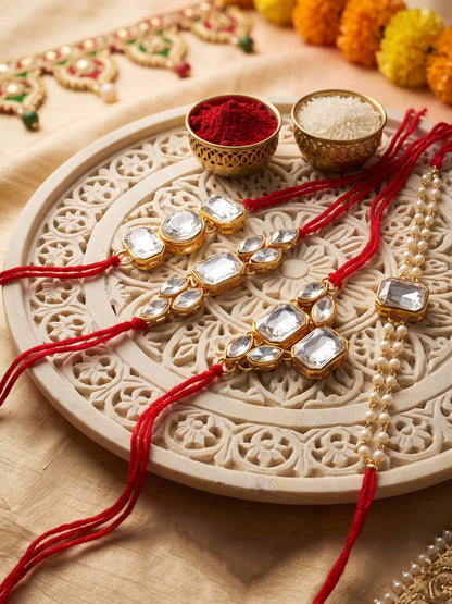 LUCKY JEWELLERY Traditional Rakhi for Brother/Bhaiya – Gold Plated Red Thread Rakshabandhan Rakhie White Stones for Bhai/Bhabhi (Pack of 4) – Fancy Rakhee Bracelet Rakshasutra (182-L1R1-18-W-4-2026)