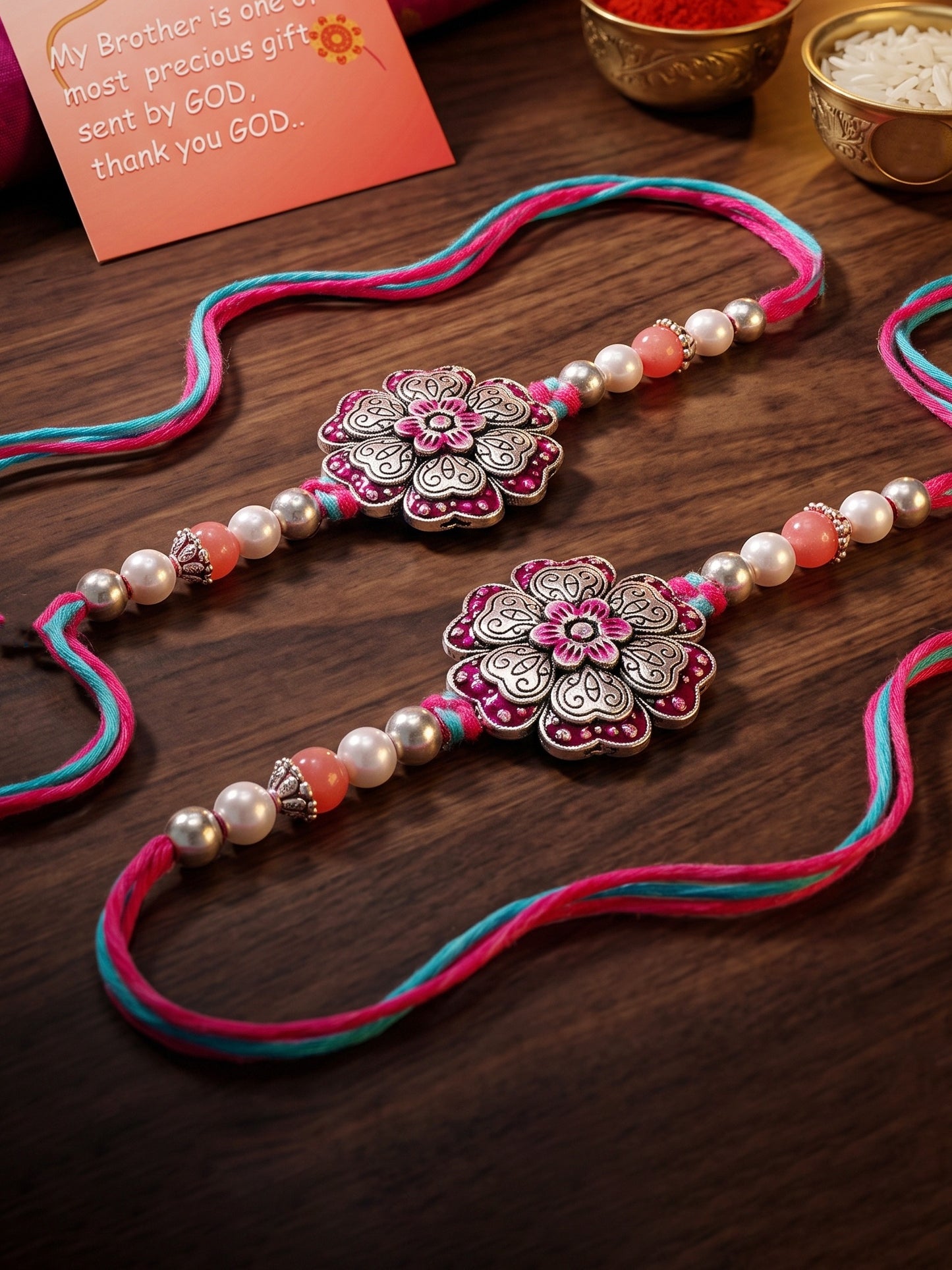 Set of 2 Magenta Floral Rakhi for Brother with pink Accents, Beads, Roli Chawal & Card (108-CHR1-1966-R-S-2-2026)