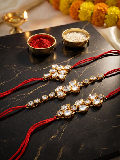LUCKY JEWELLERY Traditional Rakhi for Brother/Bhaiya – Gold Plated Red Thread Rakshabandhan Rakhie White Stones for Bhai/Bhabhi (Pack of 3) – Fancy Rakhee Bracelet Rakshasutra (159-L1R1-09-W-3-2026)
