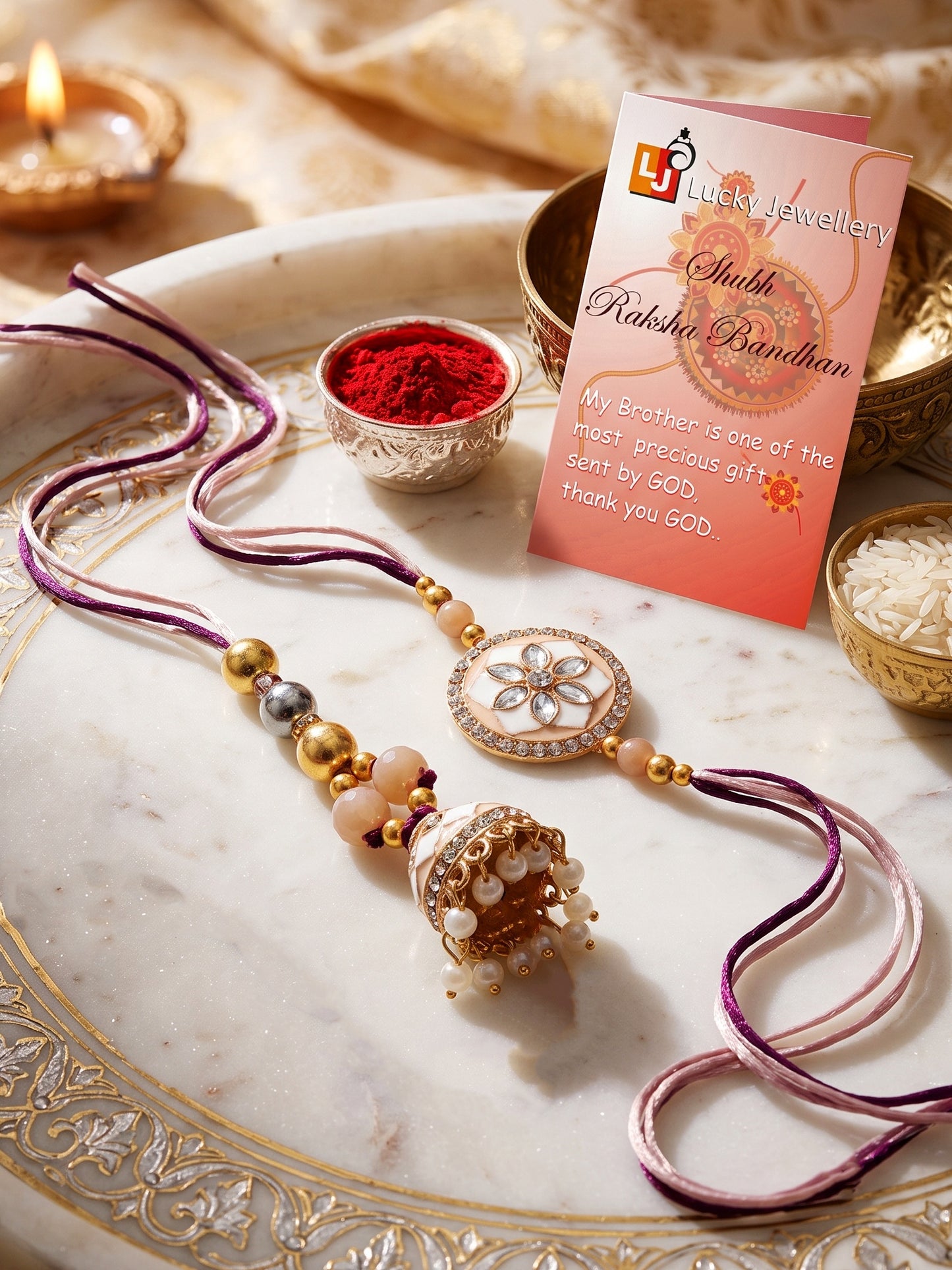 Set of 2 Beige & White Kundan Bhaiya Bhabhi Rakhi Set, Floral Enamel Jhumki Lumba with Beads (325-CHCR1-1152-W-2-2026)