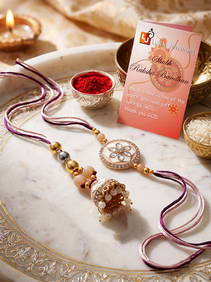 Set of 2 Beige & White Kundan Bhaiya Bhabhi Rakhi Set, Floral Enamel Jhumki Lumba with Beads (325-CHCR1-1152-W-2-2026)
