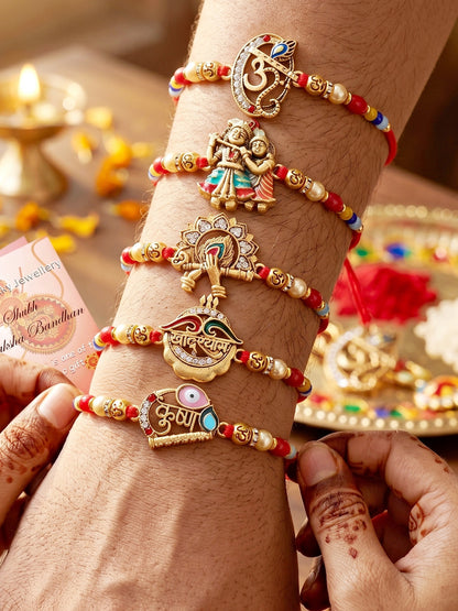 Set of 5 Traditional Divine Rakhis for Bhai | Beaded Radha Krishna & Khatu Shyam Threads | Raksha Bandhan Gift Set with Roli, Chawal & Greeting Card (360-S5R1-2306-5)