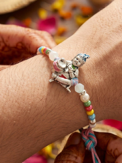 Silver-Tone Bal Gopal Makhan Chor Beaded Rakhi For Brother With Roli Chawal &  Card (102-S5R1-AR2727)