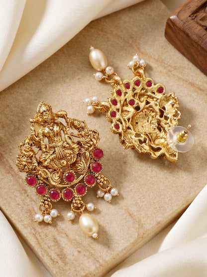 Lucky Jewellery Gold-Plated Laxmi Idol Temple Ruby Color Necklace Set (660-G2SR-196-R)
