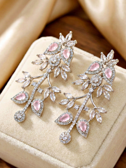 Silver-Tone Pink Stone & American Diamond Necklace Set with Earrings for Women – Office, Party & Function Wear (1948-K4SA-2241-PK-S)