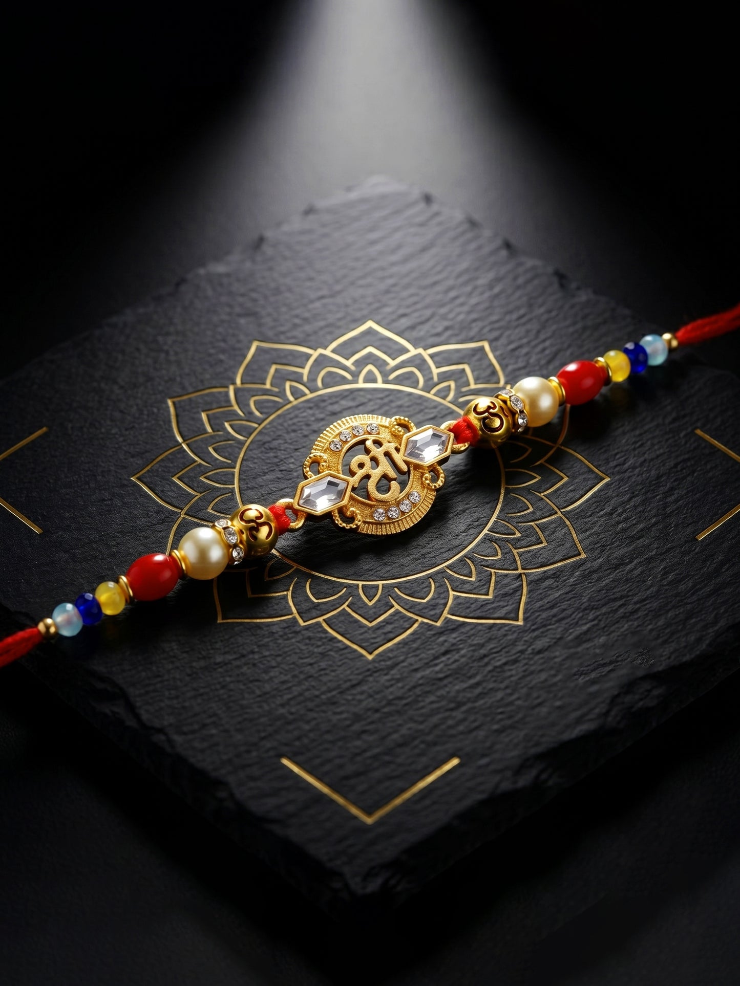 Religious Shree Symbol & Spiritual Om Beaded Rakhi Set for Brother | Roli Chawal, Card (72-S5R1-AR2967)