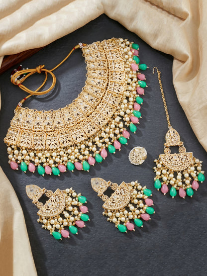 Gold Plated Kundan & Pearl Pink Mint Stone Bridal Choker Jewellery Set with Maang Tikka (1683-ISK-855-PKMNT)