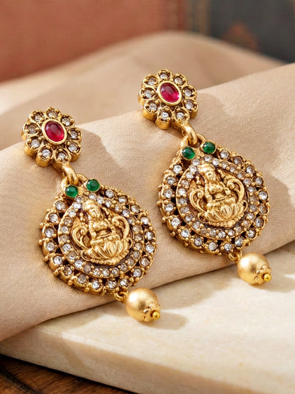 Traditional Antique Gold-Tone Temple Jewellery Necklace Set for Women with Goddess Lakshmi Pendant & Matching Earrings (1122-ISR-2179-R)