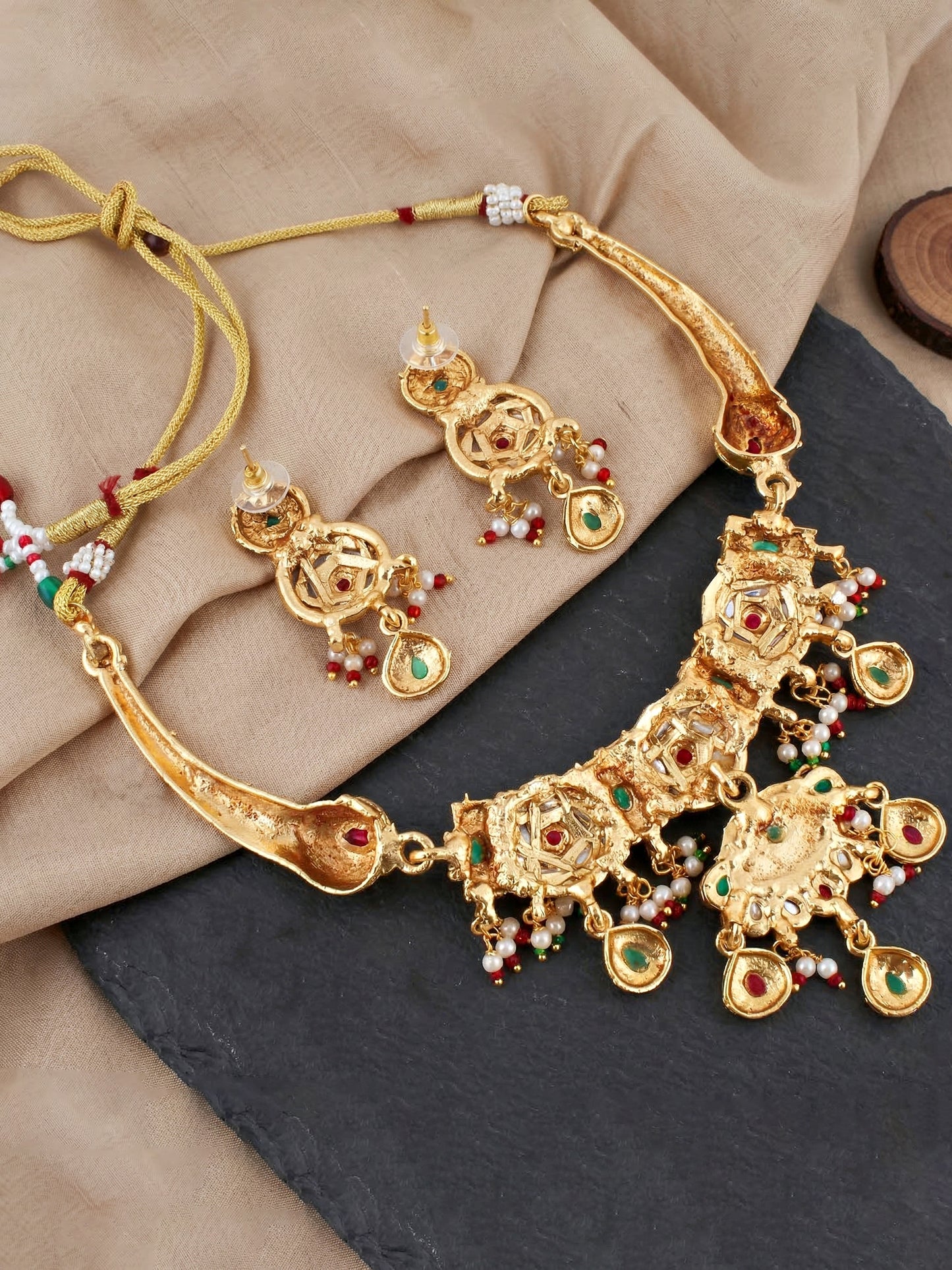 Lucky Jewellery Gold-Plated Ruby & Green Color Necklace Set (750-G2SR-268-RG)