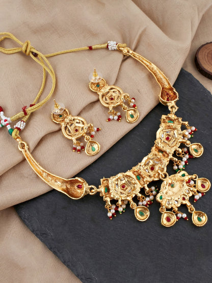 Lucky Jewellery Gold-Plated Ruby & Green Color Necklace Set (750-G2SR-268-RG)