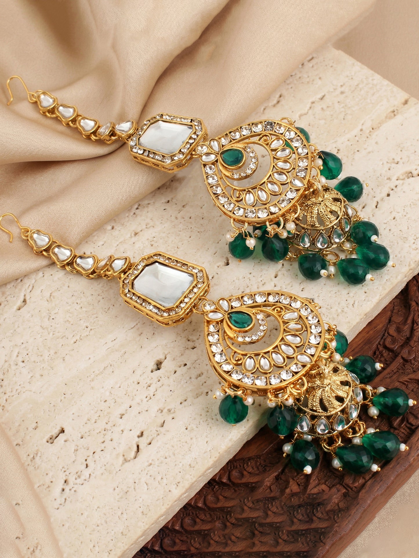 Bridal AD Green Stone Heavy Choker Jewellery Set with Sheesh Patti, Nath & Jhumka (3300-M8ZK-1106-G)