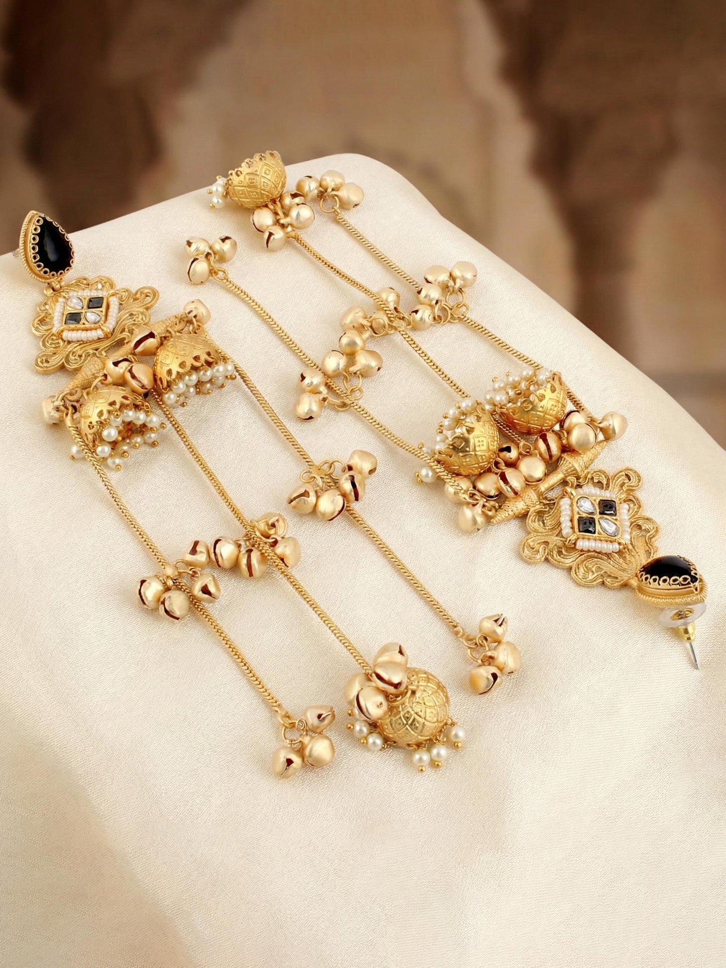 LUCKY JEWELLERY Gold Plated Kashmiri Earrings with Black Stones, Triple Jhumka with Long Ghungroo Chains for Girls & Women | Designer Earring Set | Birthday, Valentine & Anniversary Gift