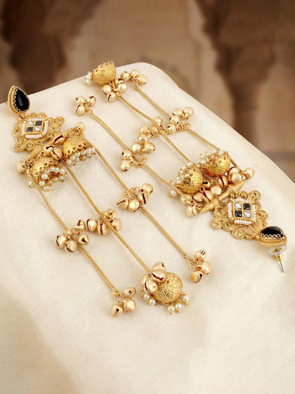 LUCKY JEWELLERY Gold Plated Kashmiri Earrings with Black Stones, Triple Jhumka with Long Ghungroo Chains for Girls & Women | Designer Earring Set | Birthday, Valentine & Anniversary Gift