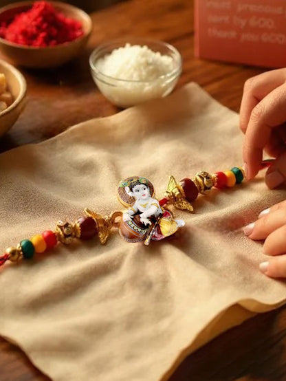 Gold Plated Little Krishna Kids Rakhi - Rakshabandhan Religious Rakhee for Bhaiya/Bhabhi - Pack of 1