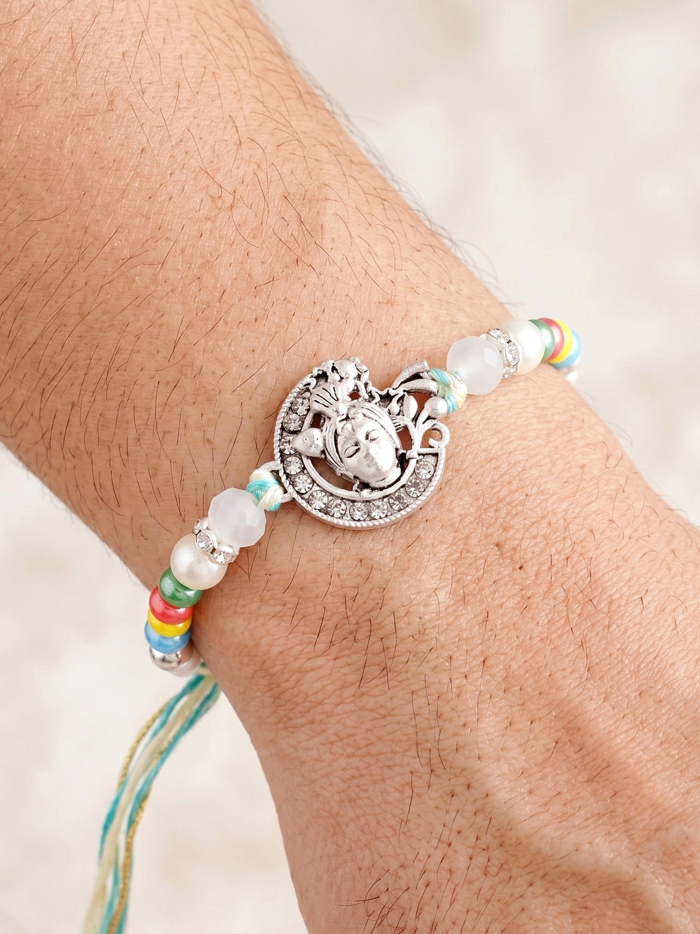 Silver-Tone Bal Gopal Krishna Rakhi for Brother | Beaded Rakhi Set With Roli Chawal & Greeting Card (102-S5R1-AR3007)