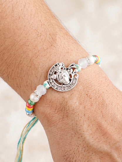 Silver-Tone Bal Gopal Krishna Rakhi for Brother | Beaded Rakhi Set With Roli Chawal & Greeting Card (102-S5R1-AR3007)