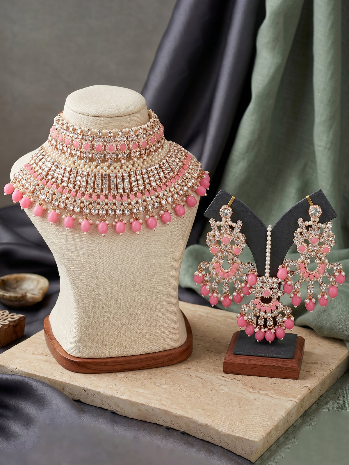 Rose Gold Plated AD Pink Stone & Pearl Bridal Choker Jewellery Set with Maang Tikka (974-B5SP-007-PK)