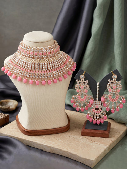 Rose Gold Plated AD Pink Stone & Pearl Bridal Choker Jewellery Set with Maang Tikka (974-B5SP-007-PK)