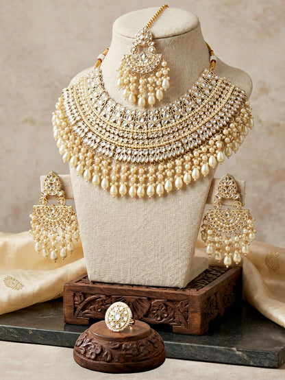 Gold Plated Kundan & Pearl White Stone Bridal Choker Jewellery Set with Maang Tikka (1683-ISK-855-W)
