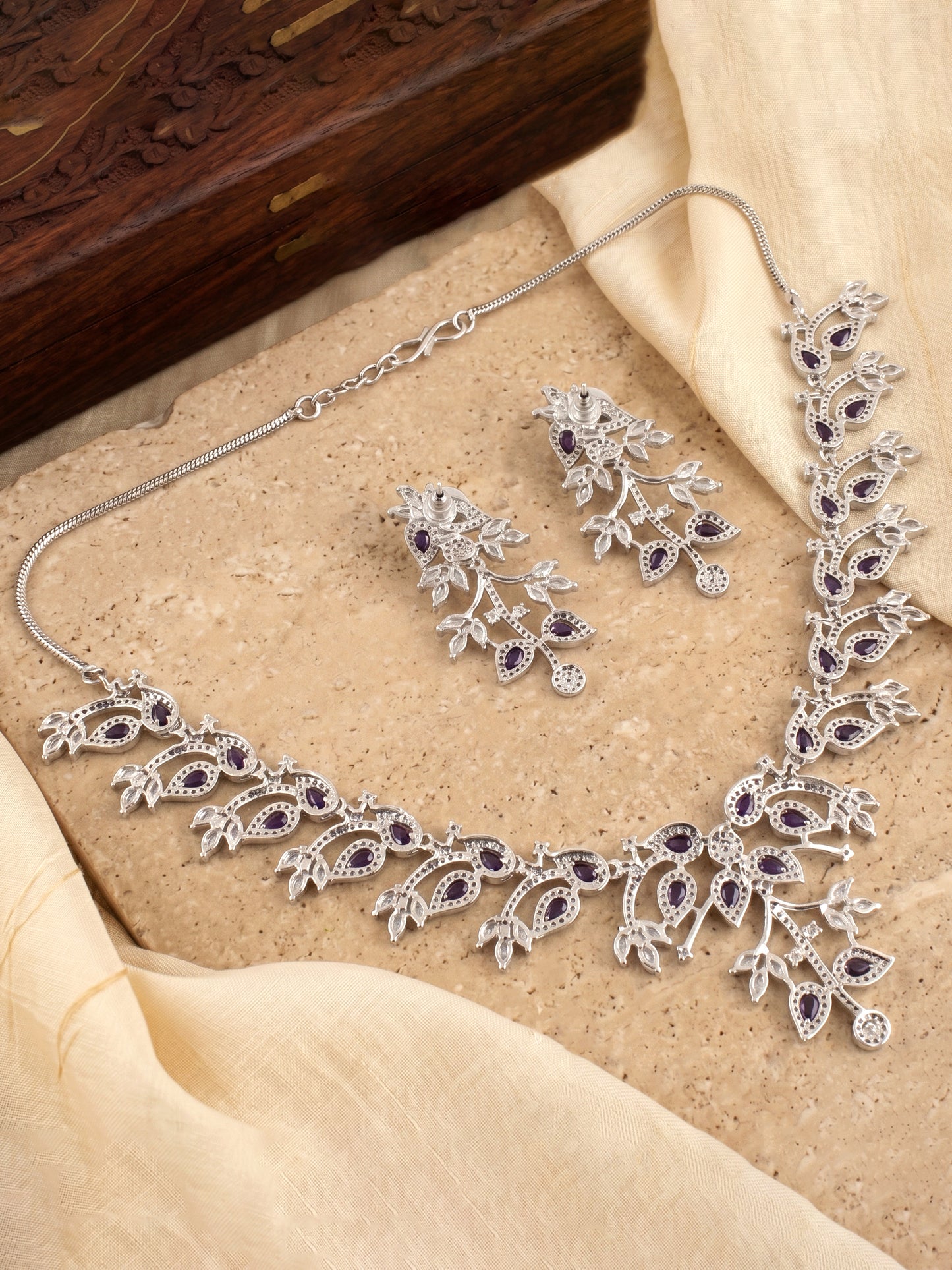 Lucky Jewellery Silver-Tone Purple Stone & American Diamond Necklace Set with Earrings for Women – Office, Party & Function Wear (1948-K4SA-2241-P-S)