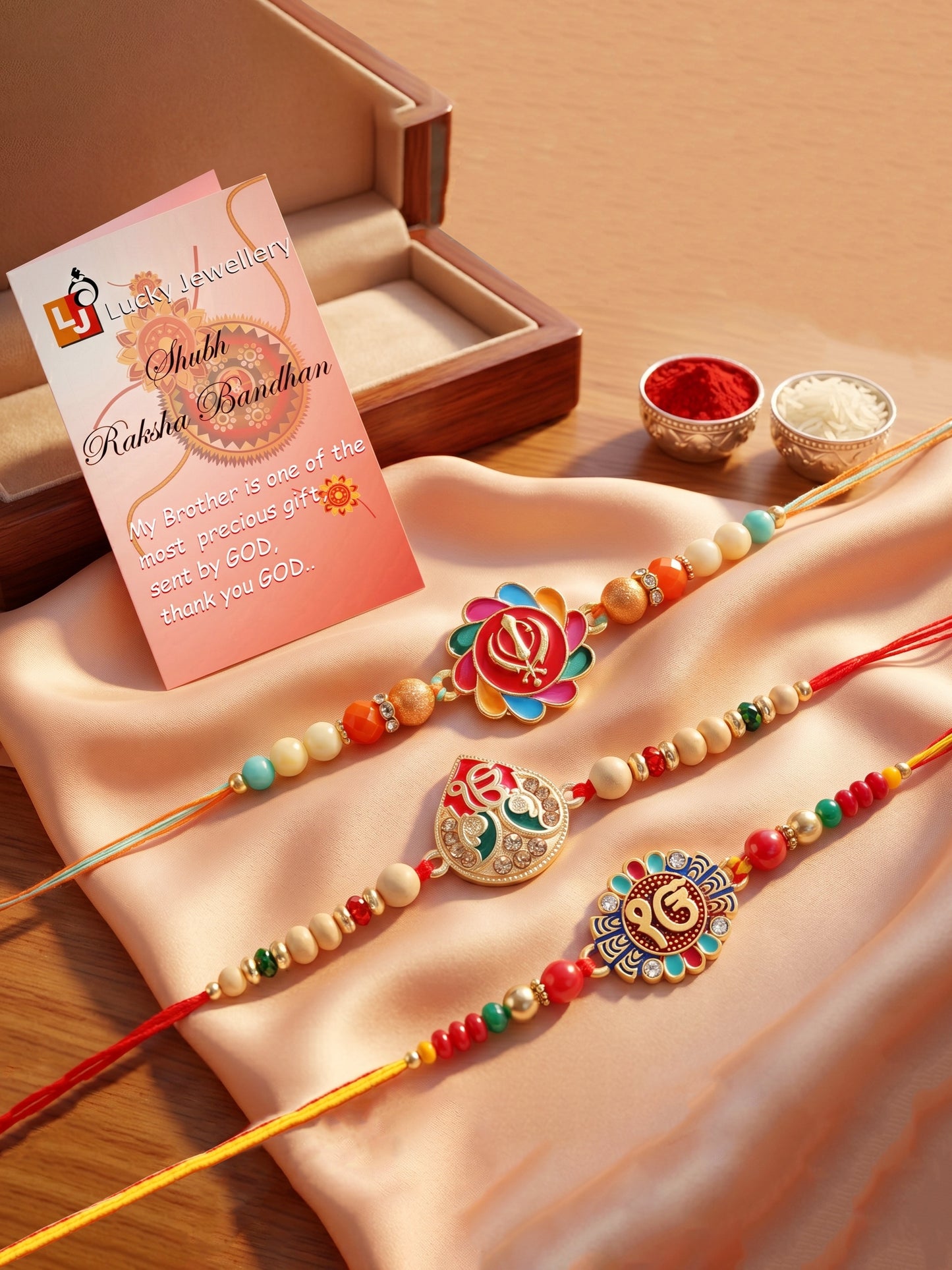 Lucky Jewellery Set of 3 Khanda & Ek Onkar Rakhi for Brother | Sikh Religious Beaded Raksha Bandhan Thread Combo with Roli, Chawal & Card (306-S5R1-2309-3)