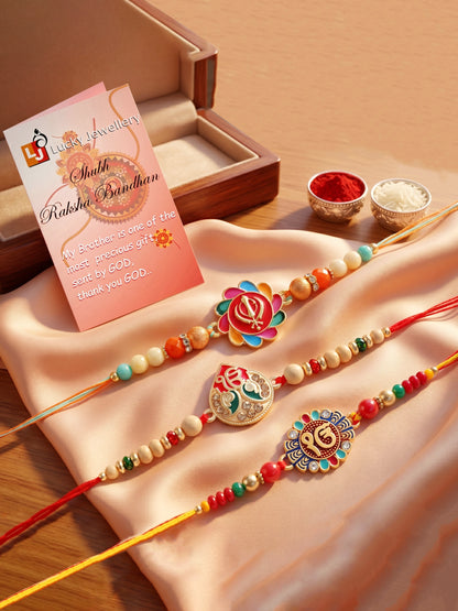 Lucky Jewellery Set of 3 Khanda & Ek Onkar Rakhi for Brother | Sikh Religious Beaded Raksha Bandhan Thread Combo with Roli, Chawal & Card (306-S5R1-2309-3)