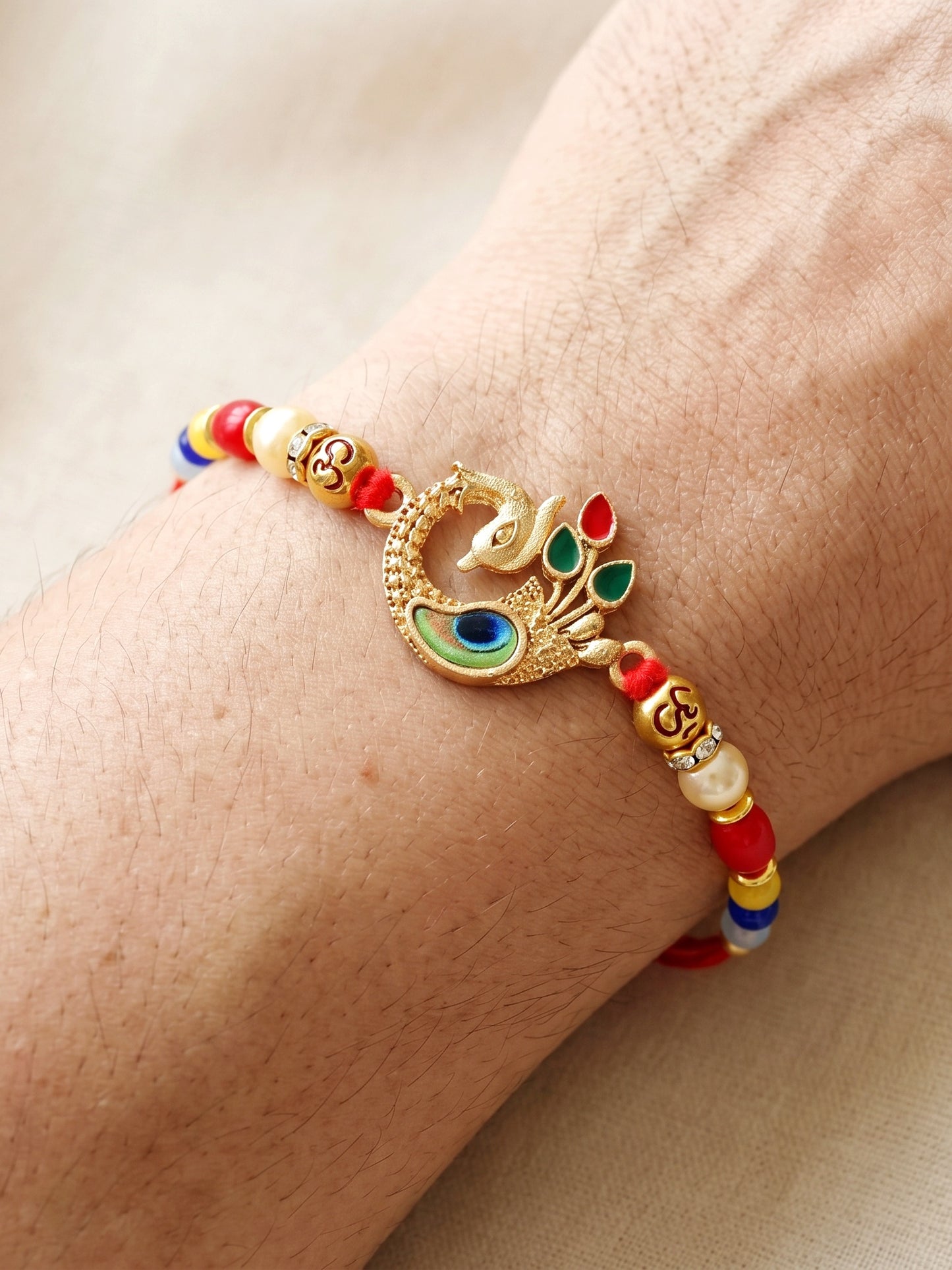 Elegant Peacock Rakhi for Brother with Roli Chawal and Card | Traditional Enamel Beaded Rakhi (72-S5R1-AR2972)