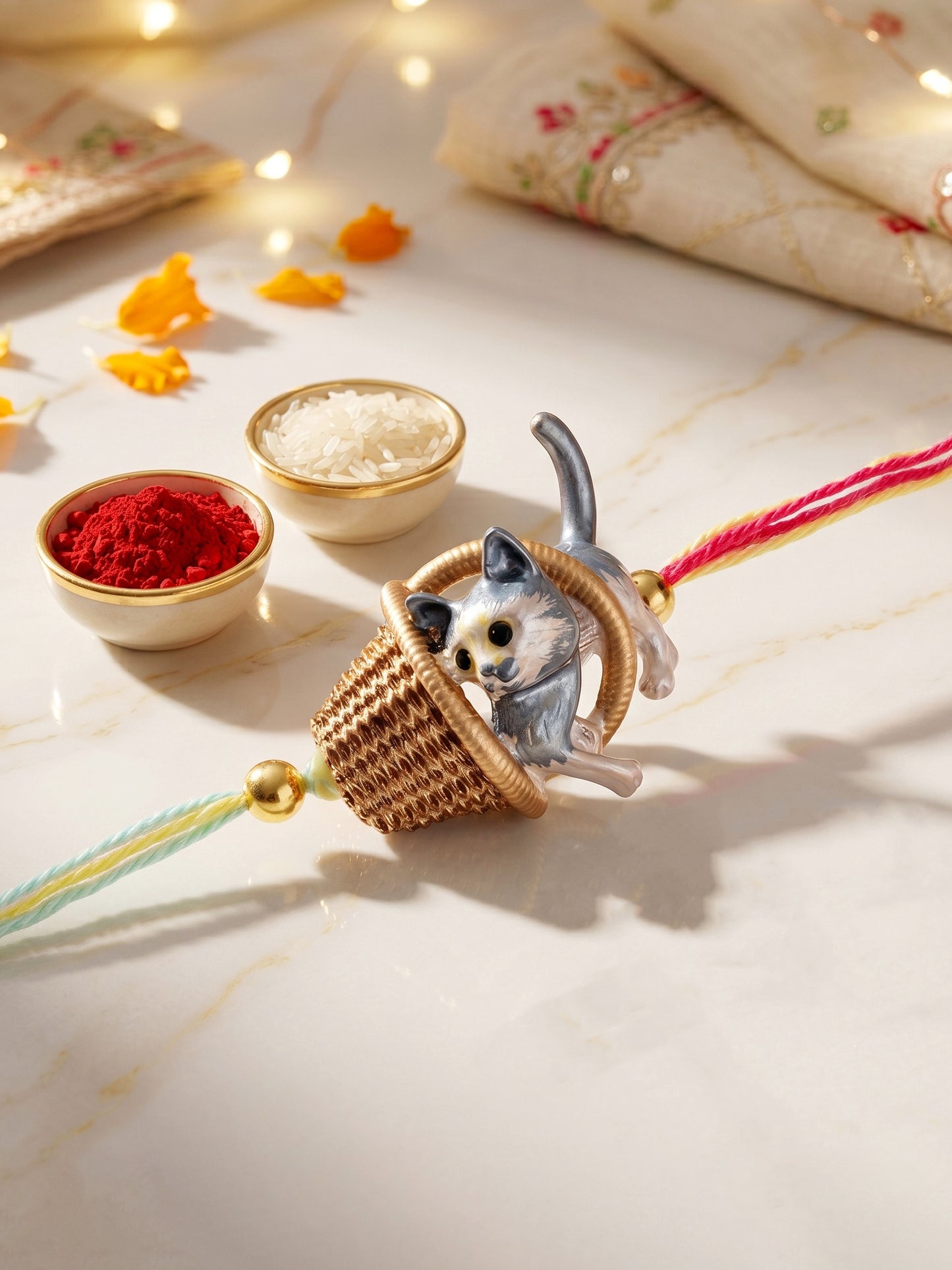 Kids Cute Kitten in Basket Rakhi for Brother with Metallic Beads, Roli Chawal & Card (225-CHR1-1314-1-2026)