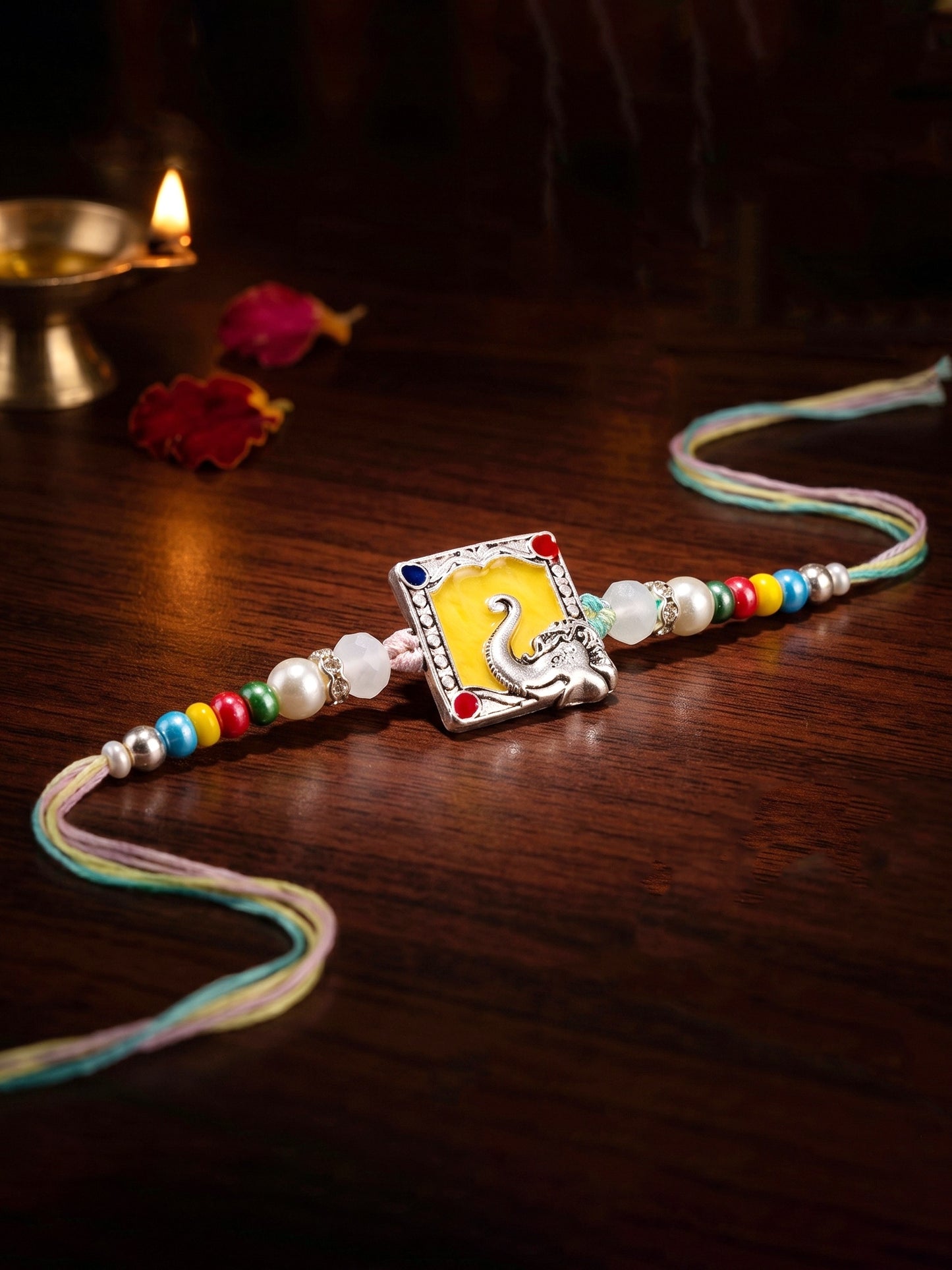 Lord Ganesha Silver-Finish Yellow Enamel Beaded Rakhi For Brother | Rakhi With Roli Chawal, Card (132-S5R1-AR2769)