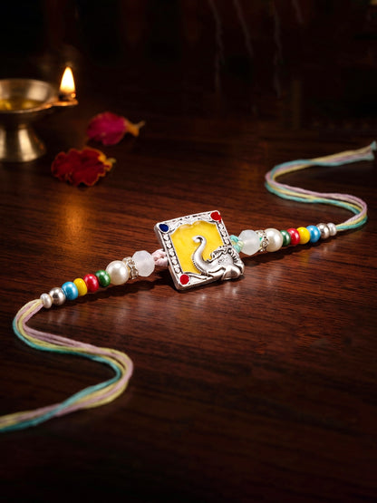 Lord Ganesha Silver-Finish Yellow Enamel Beaded Rakhi For Brother | Rakhi With Roli Chawal, Card (132-S5R1-AR2769)
