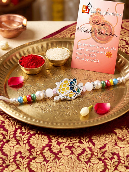 Silver-Finish Krishna Flute Bansuri Mor Pankh Beaded Rakhi Set For Brother | Roli Chawal, Card (132-S5R1-AR2770)