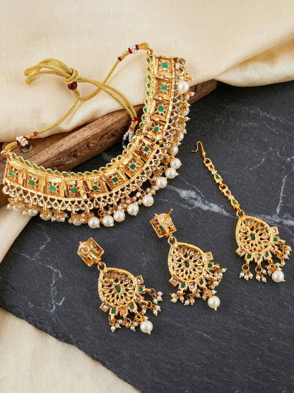 Lucky Jewellery Gold-Plated Green Color Choker Set with Tikka (866-G2SR-006-G)