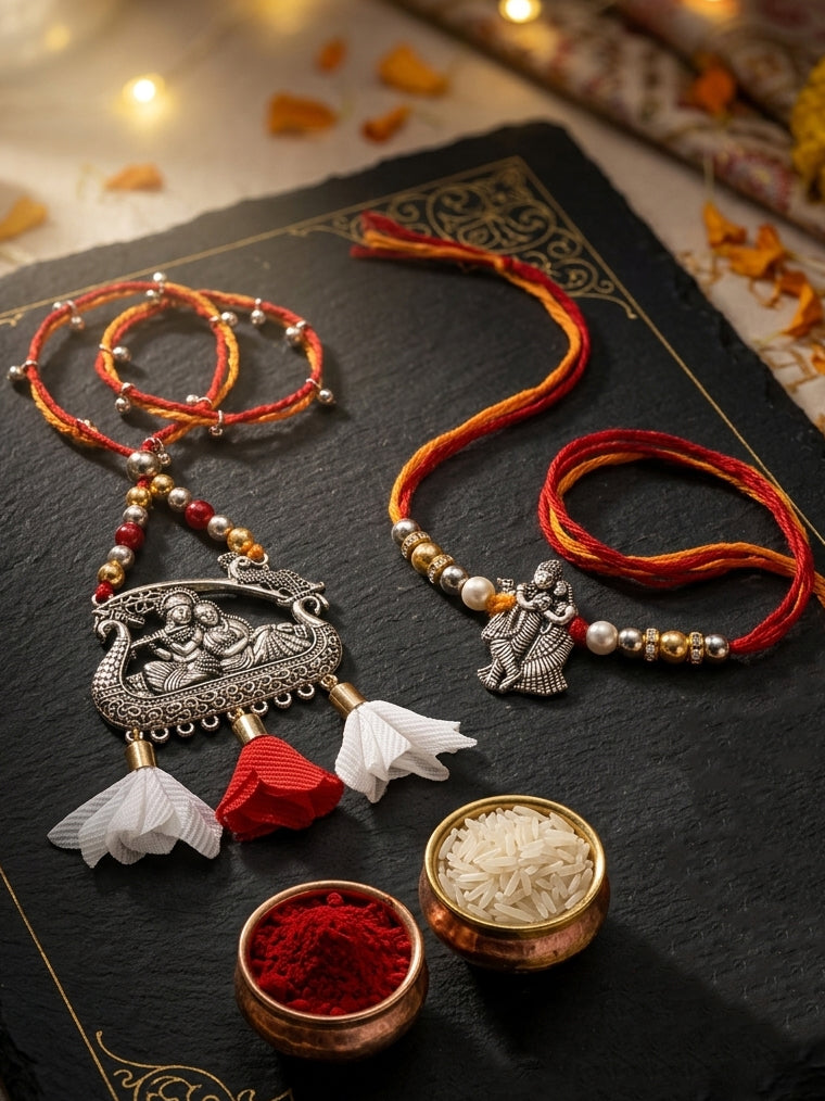 Set of 2 Bhaiya Bhabhi Rakhi Set with Radha Krishna Pendant, Maroon & White Tassels, Roli Chawal (182-JPCR1-1990-S-2-2026)