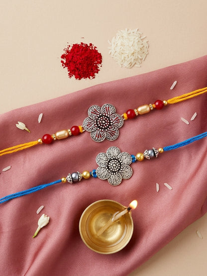Set of 2 Floral Pendant Rakhi for Brother with Maroon & Blue Beads, Roli Chawal & Card (108-CHR1-1967-S-2-2026)