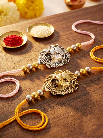 Lion Face Rakhi Set of 2 for Brothers With Metallic Gold & Silver Charm with Beaded, Roli, Chawal (250-CHR1-1175-2-2026)