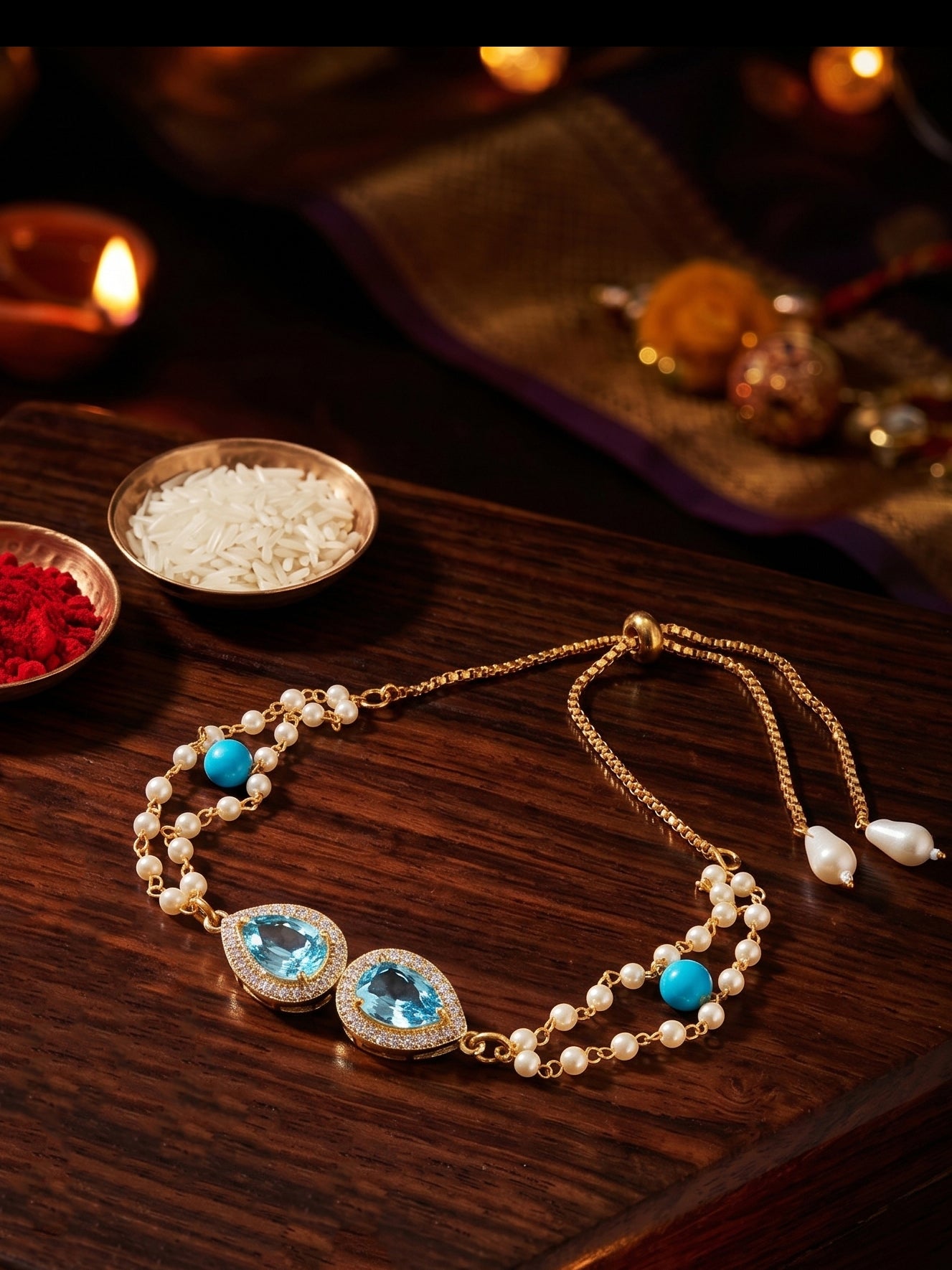 Adjustable Rakhi Bracelet with Blue drop AD Pendant, Turquoise & Beads,Roli Chawal & Card (233-CHB2-1279-F-2026)