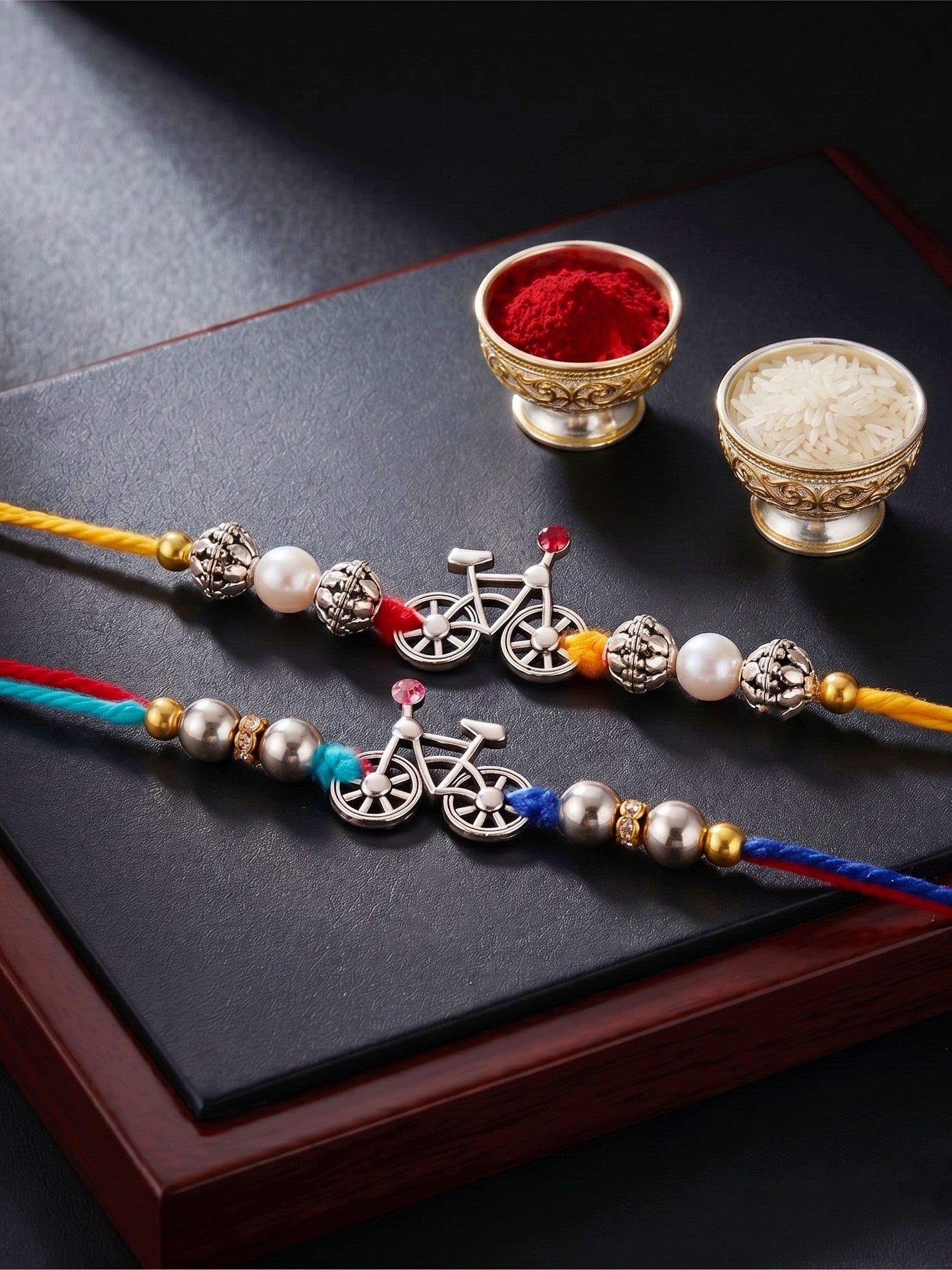 Set of 2 Silver Bicycle Rakhi for Brother with White & Metallic Beads, Roli Chawal & Card (72-JPR1-1954-S-2-2026)