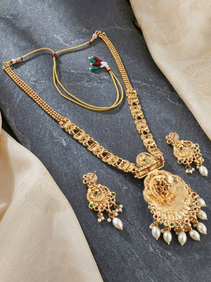 Lucky Jewellery Gold-Plated Ruby & Green Color Long Necklace Set (816-G2SR-205-RG)