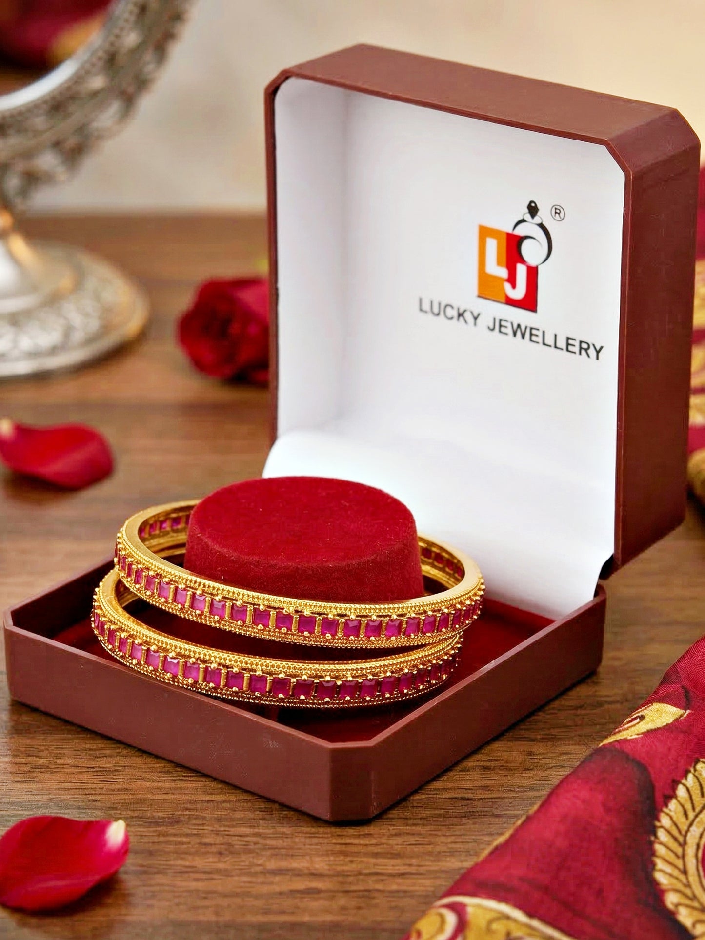 Gold-Plated Temple Magenta Stone Bangle (945-C1BG-2212-2)