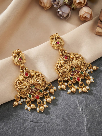 Antique Gold Plated South Indian Temple Jewelry Layered Set | Goddess Lakshmi Choker & Long Necklace with Matching Earrings for Women (3317-ISR-2184-RG)